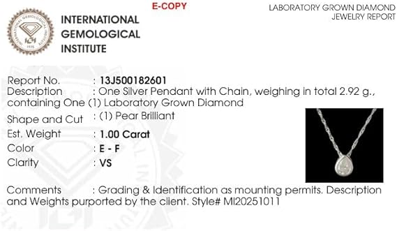 1 Carat Lab Grown Diamond Pear Cut Solitaire Pendant