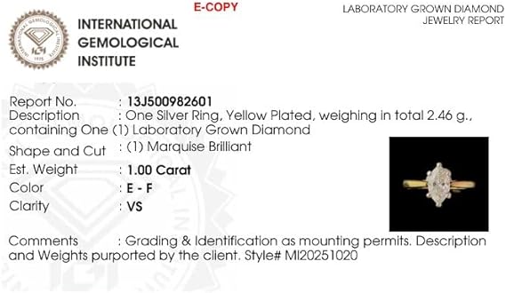 1 Carat Lab Grown Diamond Marquise Solitaire Ring