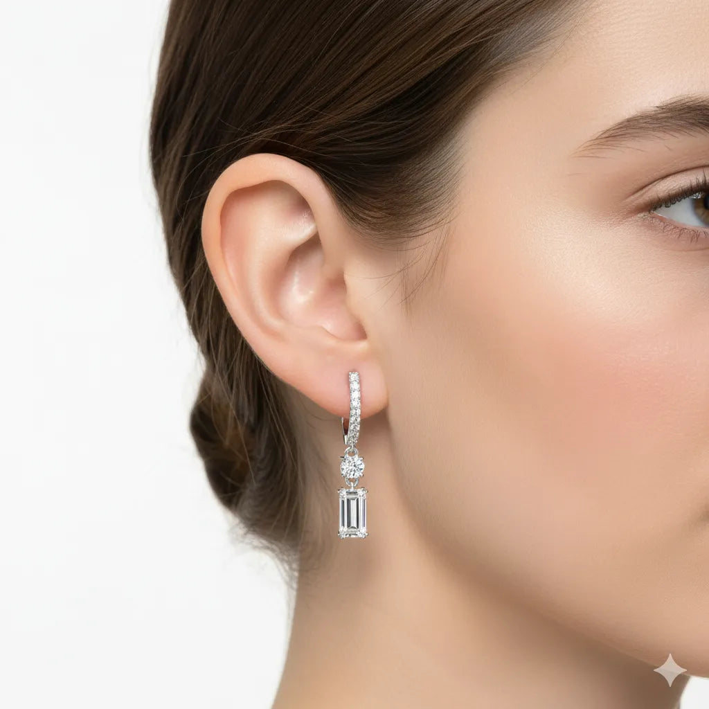 IGI Certified-1 Ct. Lab Grown Diamond (VS/E-F) Emerald-Cut & Round Diamond Drop Earring