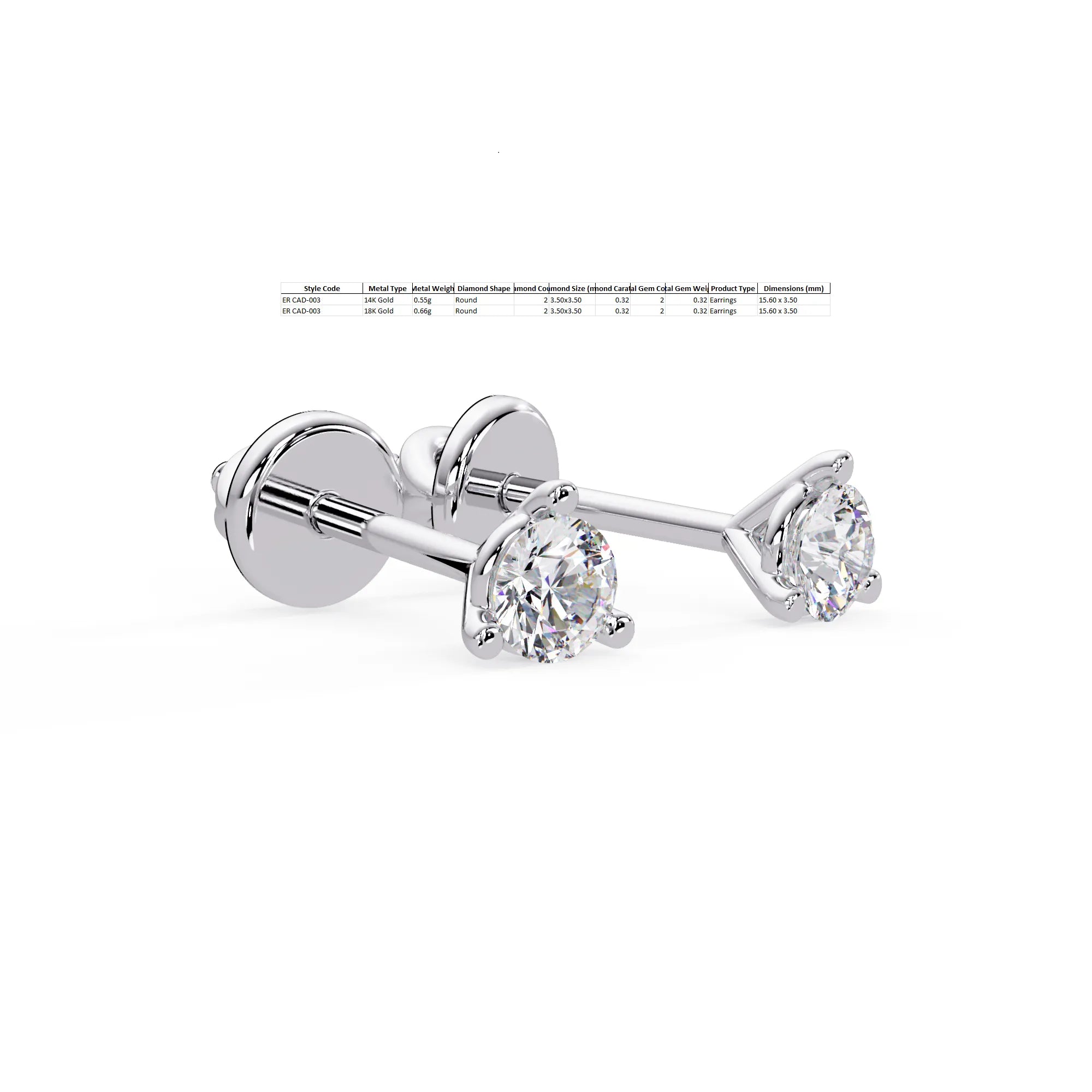 Classic 3-Prong Solitaire Diamond Stud Earrings – Solid Gold Screw-Backs