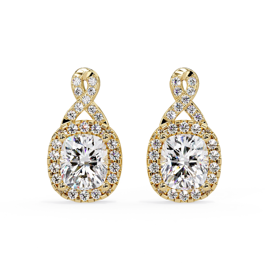 IGI Certified- 3 Ct. Lab Grown Diamond (VS/E-F) Cushion Cut Diamond Drop Earrings in Yellow Gold Earring