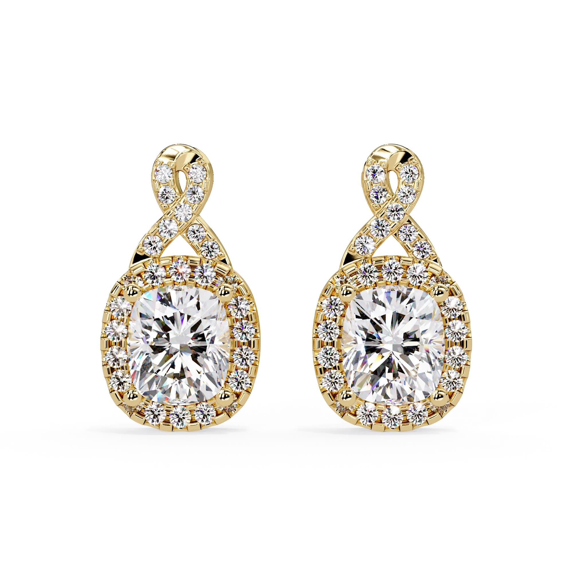 IGI Certified- 3 Ct. Lab Grown Diamond (VS/E-F) Cushion Cut Diamond Drop Earrings in Yellow Gold Earring