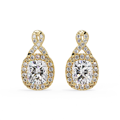 Cushion Cut Diamond Drop Earrings in Yellow Gold