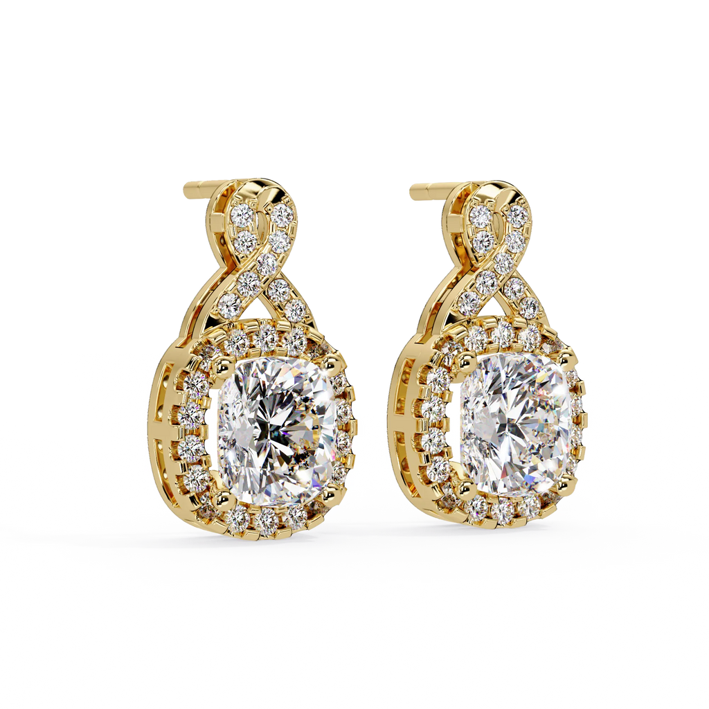 IGI Certified- 3 Ct. Lab Grown Diamond (VS/E-F) Cushion Cut Diamond Drop Earrings in Yellow Gold Earring