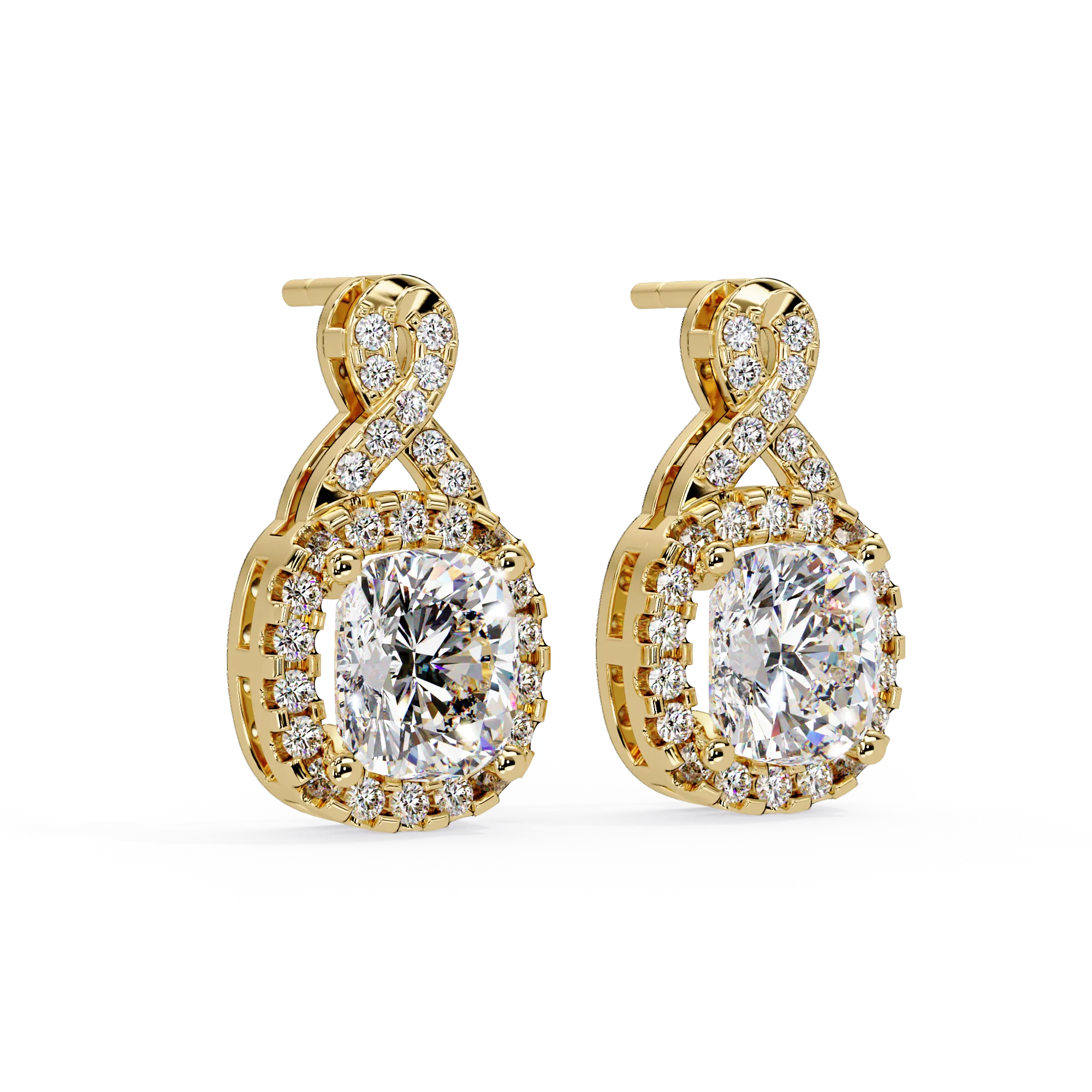 IGI Certified- 3 Ct. Lab Grown Diamond (VS/E-F) Cushion Cut Diamond Drop Earrings in Yellow Gold Earring