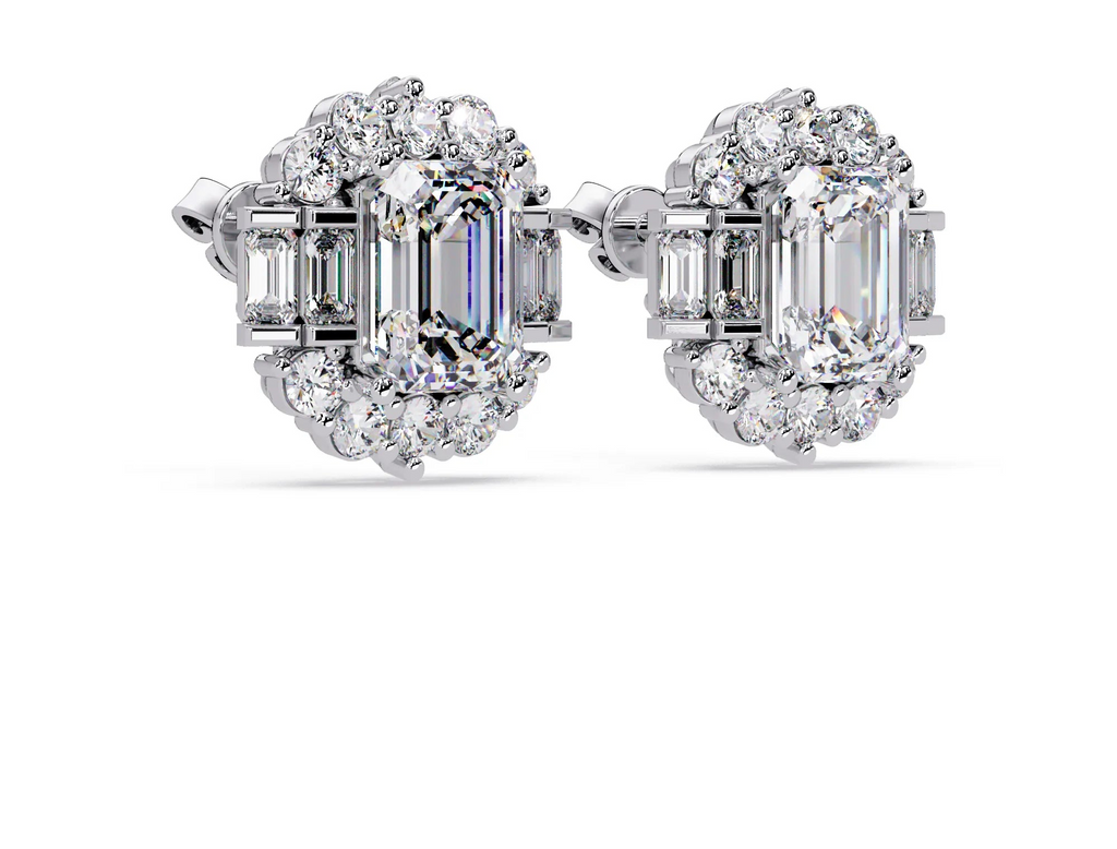 IGI Certified- 7 Ct. Lab Grown Diamond (VS/E-F) Art Deco Emerald-Cut Diamond Halo Earrings