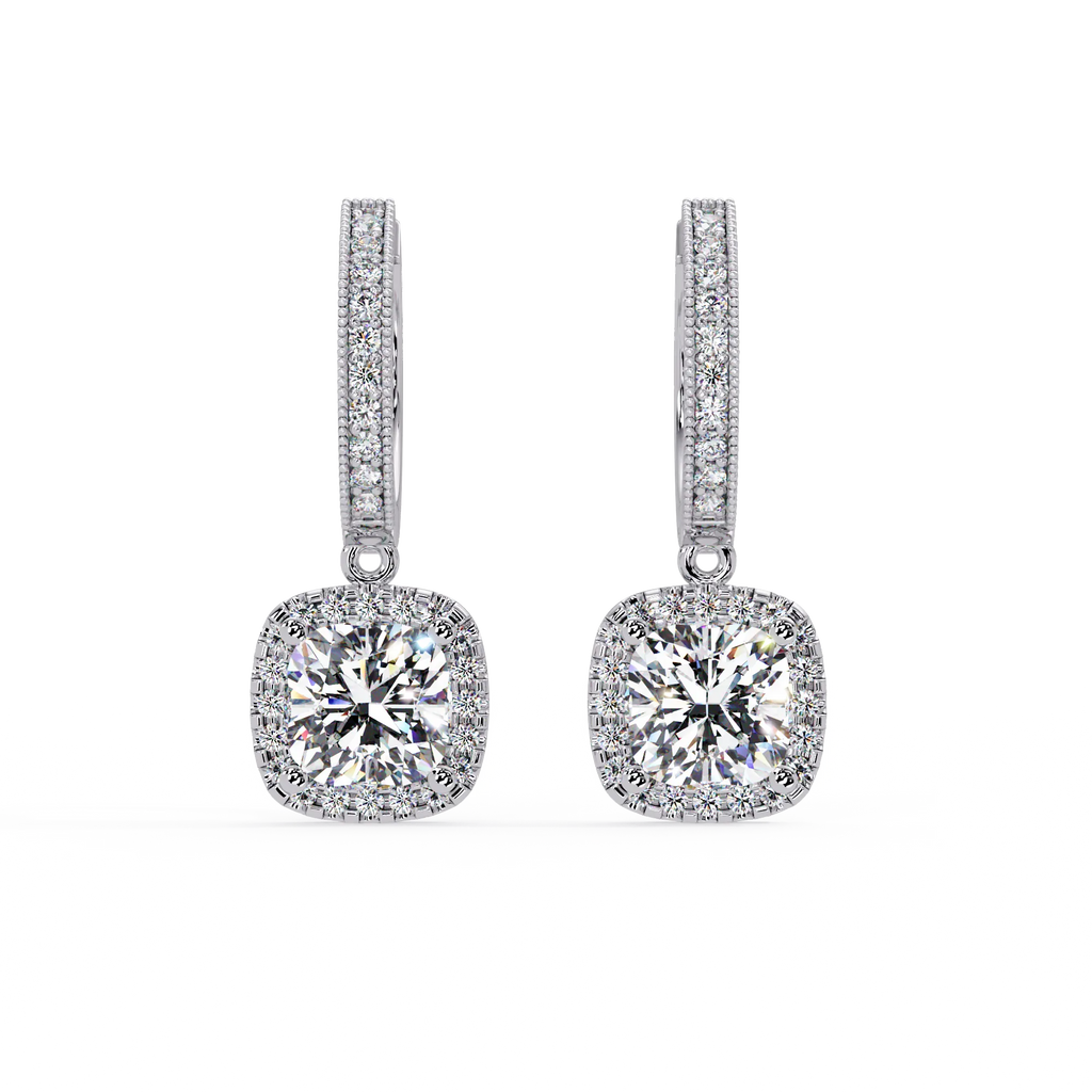 IGI Certified- 4 Ct. Lab Grown Diamond (VS/E-F) Dazzling Diamond Halo Cushion Drop Earrings
