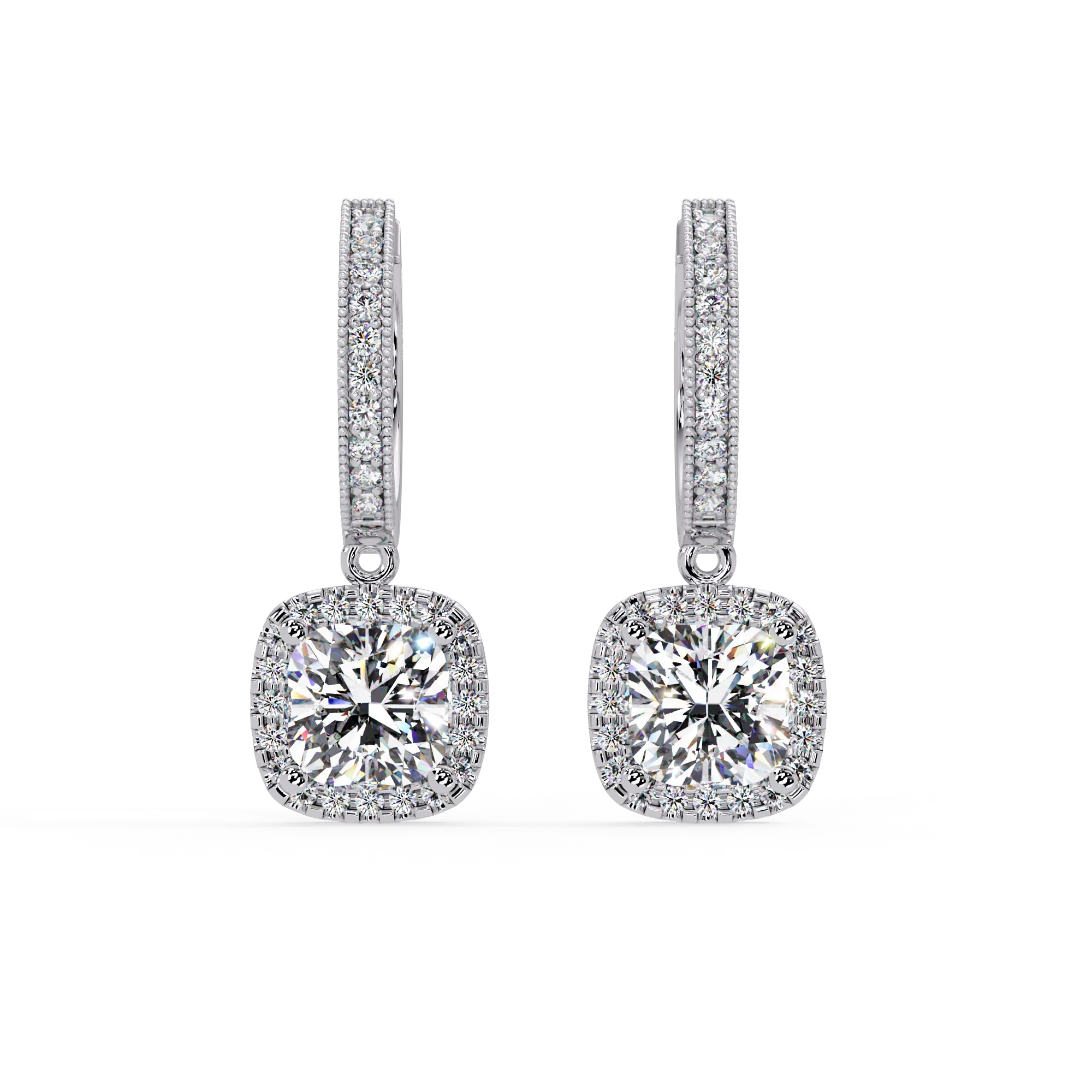 IGI Certified- 4 Ct. Lab Grown Diamond (VS/E-F) Dazzling Diamond Halo Cushion Drop Earrings