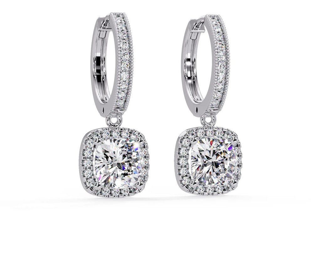 IGI Certified- 4 Ct. Lab Grown Diamond (VS/E-F) Dazzling Diamond Halo Cushion Drop Earrings