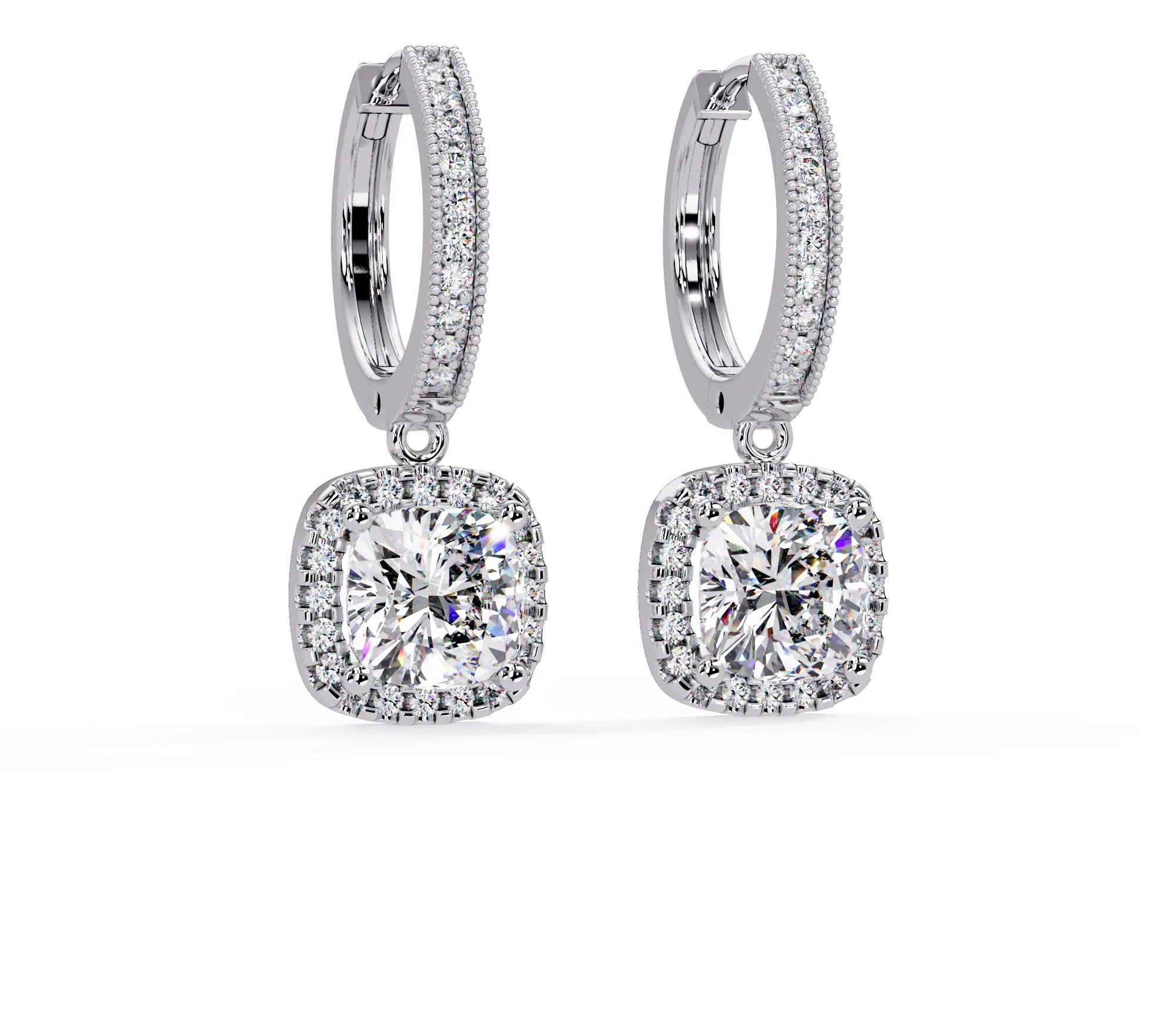 IGI Certified- 4 Ct. Lab Grown Diamond (VS/E-F) Dazzling Diamond Halo Cushion Drop Earrings
