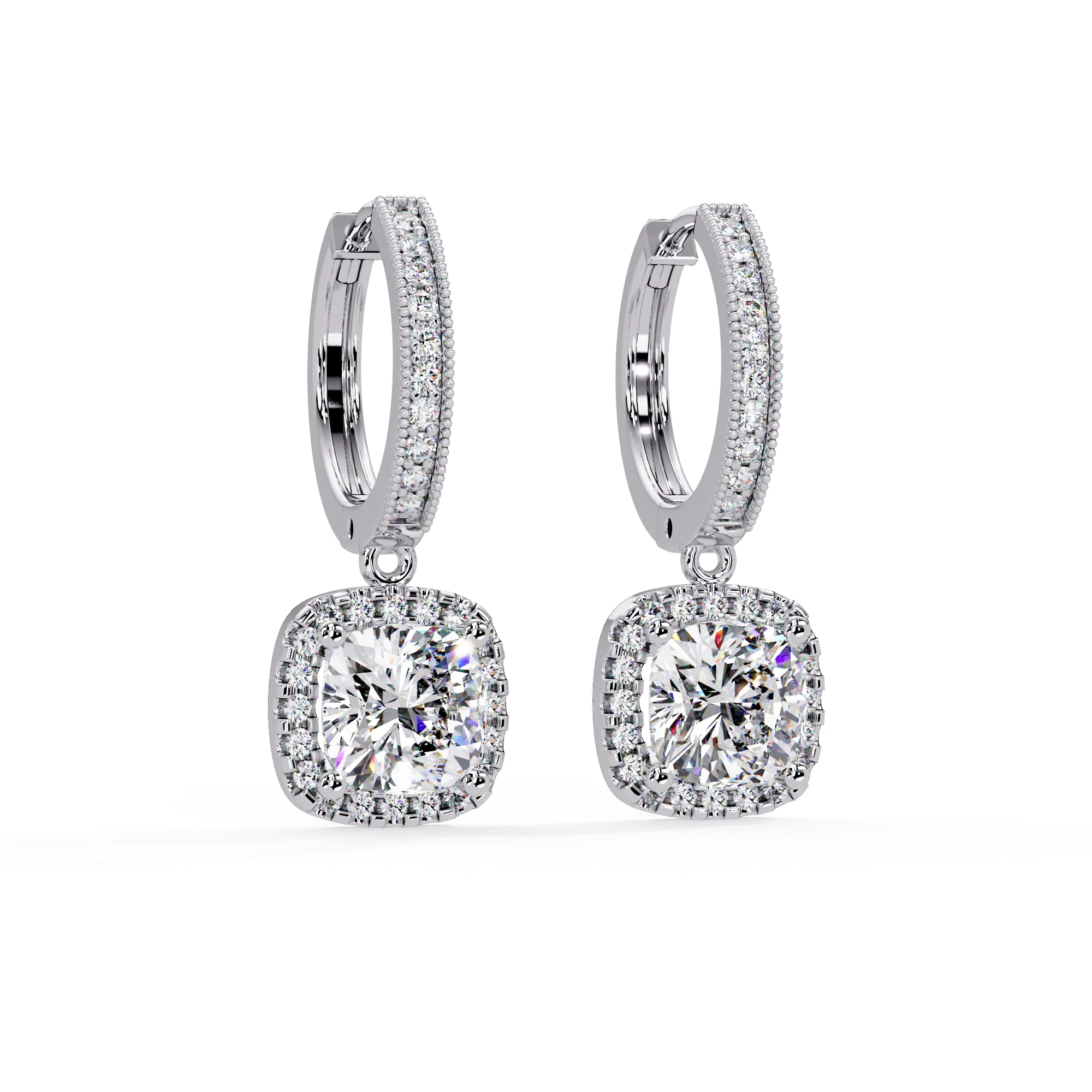 IGI Certified- 4 Ct. Lab Grown Diamond (VS/E-F) Dazzling Diamond Halo Cushion Drop Earrings
