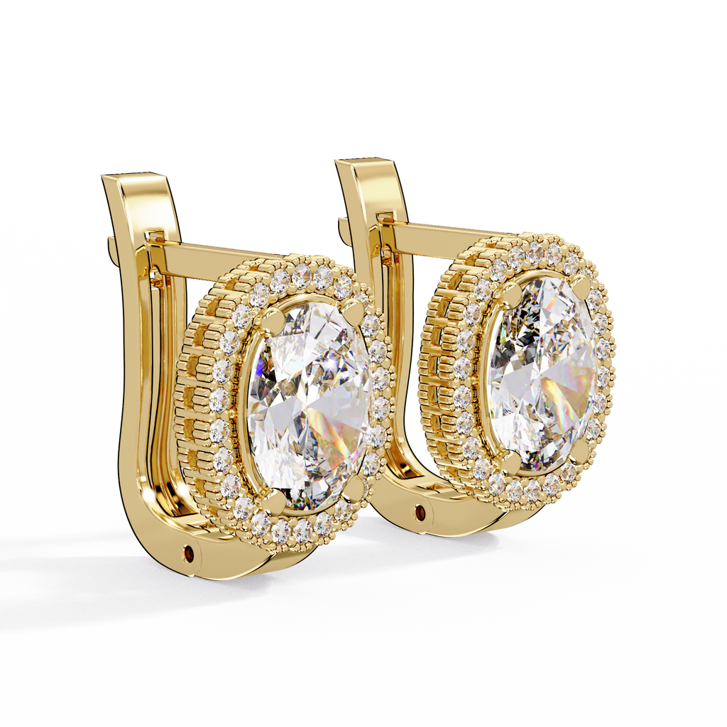 IGI Certified- 3.5 Ct. Lab Grown Diamond (VS/E-F) Oval Halo Diamond-Set Gold Earring