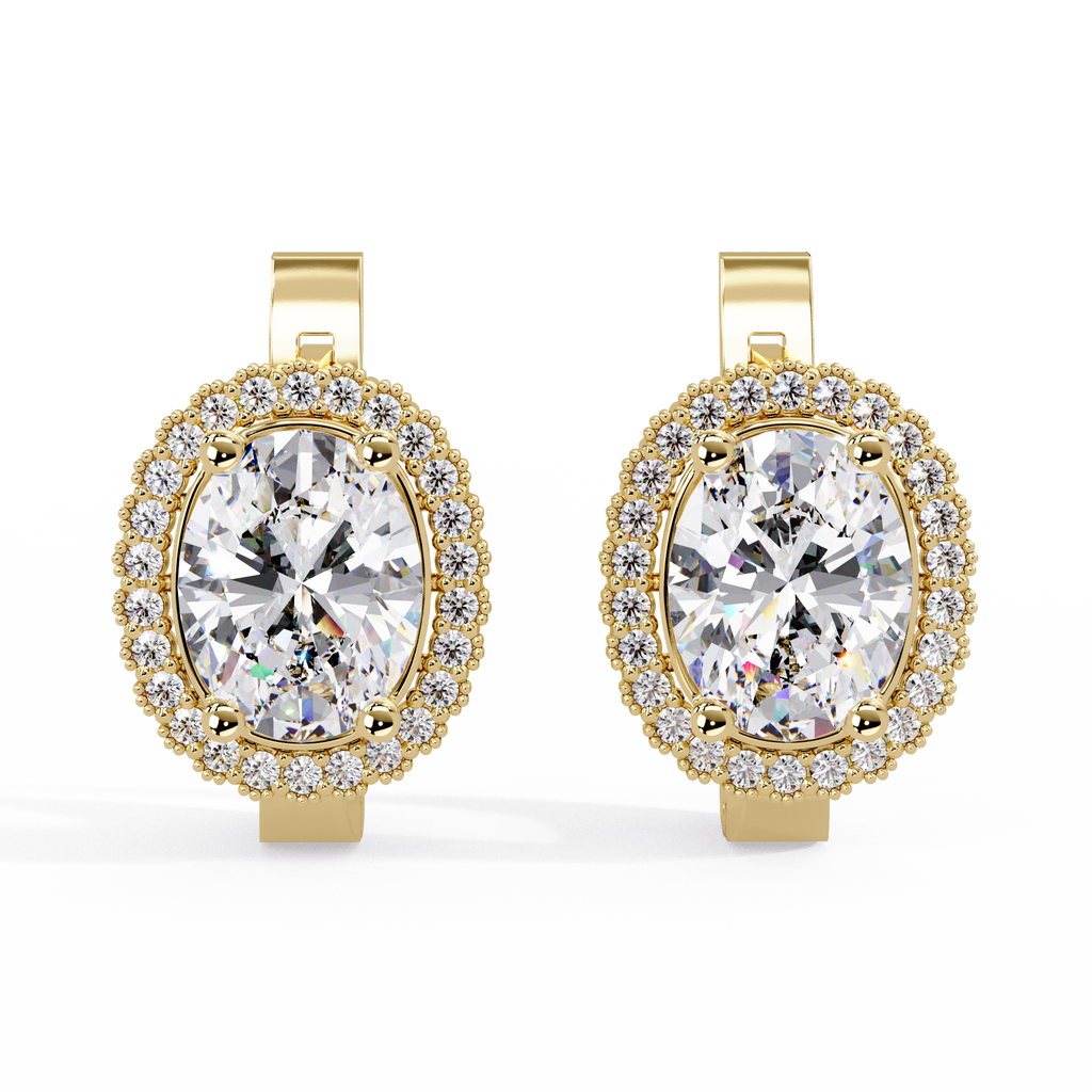 IGI Certified- 3.5 Ct. Lab Grown Diamond (VS/E-F) Oval Halo Diamond-Set Gold Earring