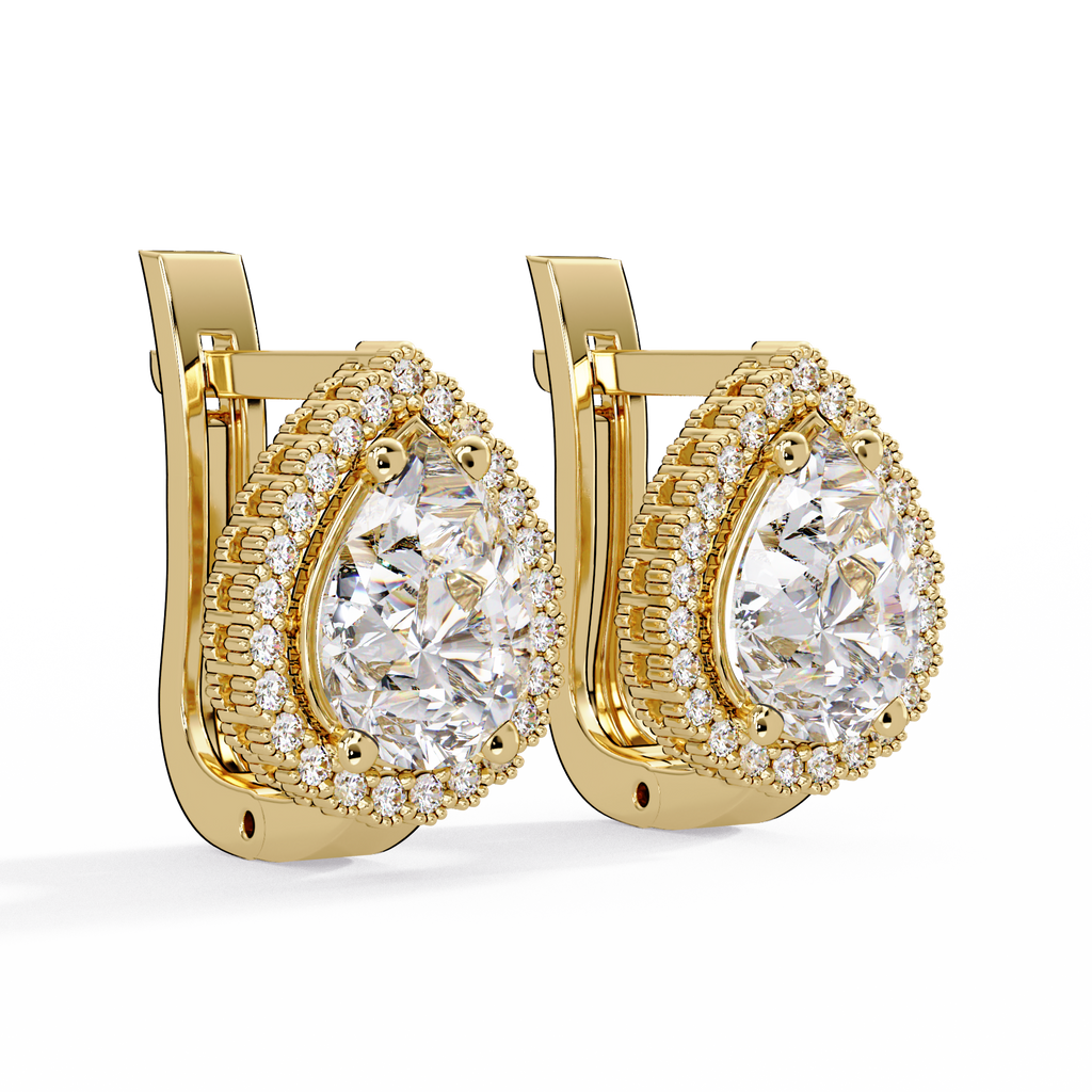 IGI Certified- 4 Ct. Lab Grown Diamond (VS/E-F) Pear-Shaped Diamond Halo Gold Earring