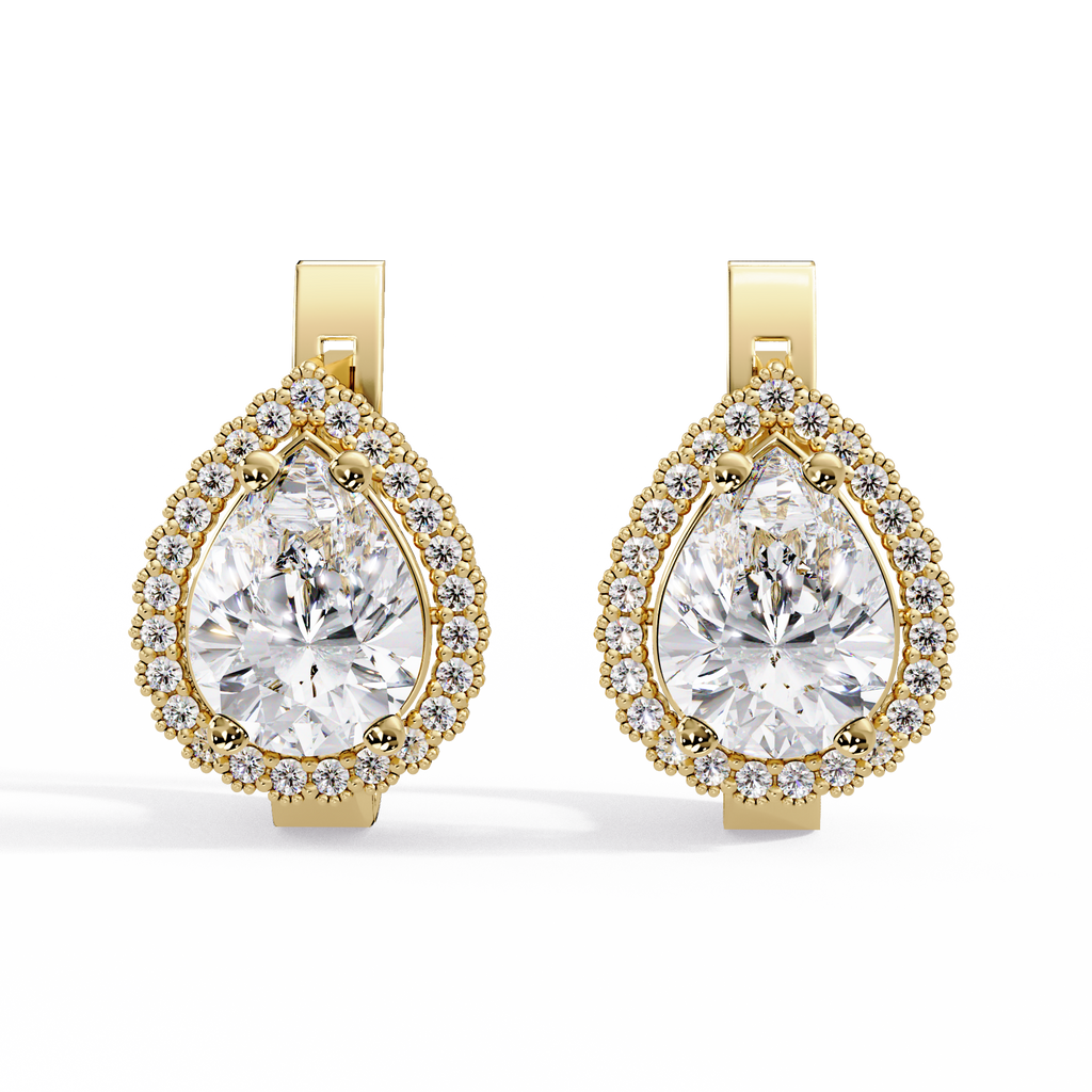 IGI Certified- 4 Ct. Lab Grown Diamond (VS/E-F) Pear-Shaped Diamond Halo Gold Earring