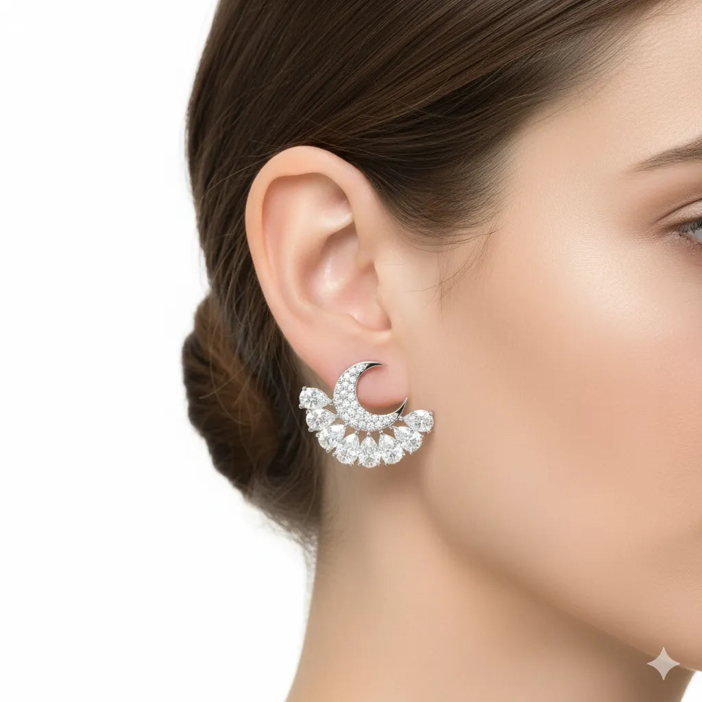 IGI Certified- 2.57 Ct Lab Grown Diamond (VS/E-F) Celestial Half Moon Earrings