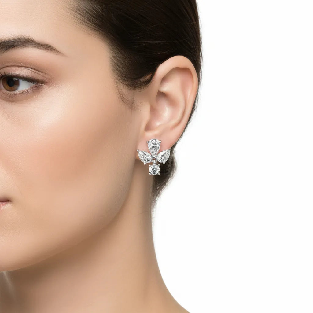 IGI Certified- 2 Ct Lab Grown Diamond (VS/E-F) Floral Pear and Round Drop Earrings