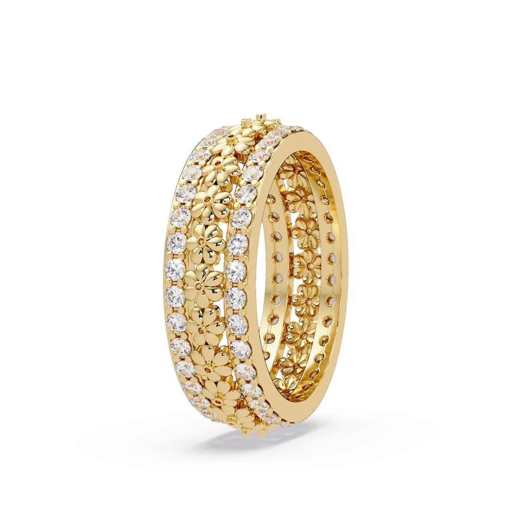 IGI Certified - 0.75 Ct. Lab Grown Diamond (VS/E-F) Floral Diamond Eternity Ring – Wide Flower Band with Double Row Pavé Stones Ring