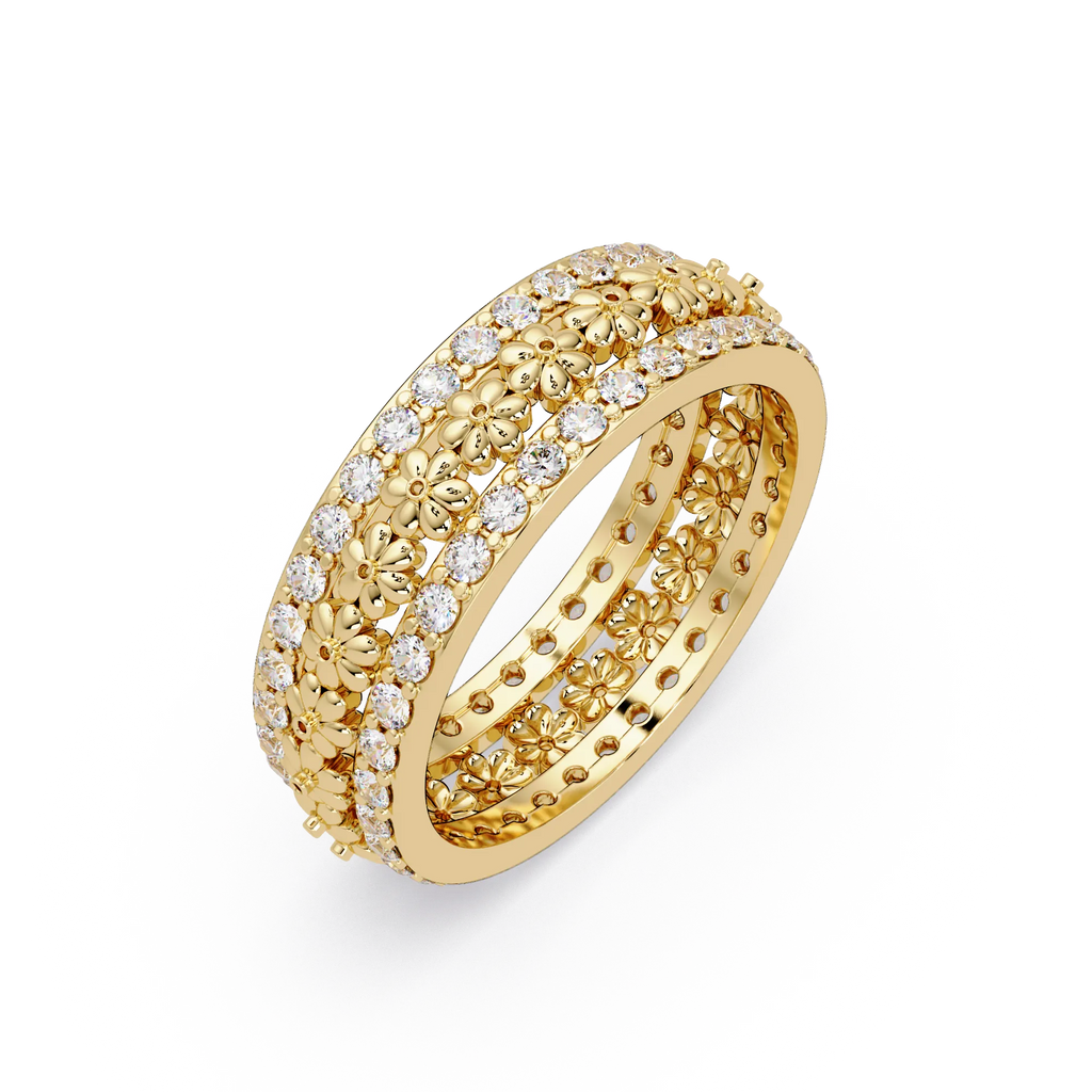 IGI Certified - 0.75 Ct. Lab Grown Diamond (VS/E-F) Floral Diamond Eternity Ring – Wide Flower Band with Double Row Pavé Stones Ring
