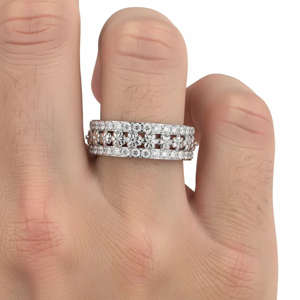 IGI Certified - 0.75 Ct. Lab Grown Diamond (VS/E-F) Floral Diamond Eternity Ring – Wide Flower Band with Double Row Pavé Stones Ring