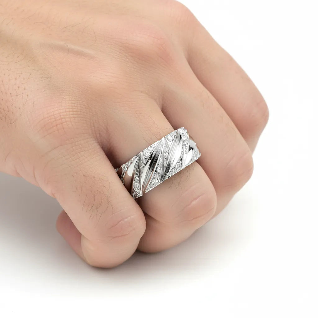 Luxe Diamond-Studded White Gold Swirl Ring