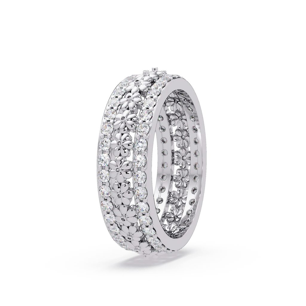 IGI Certified - 0.75 Ct. Lab Grown Diamond (VS/E-F) Floral Diamond Eternity Ring – Wide Flower Band with Double Row Pavé Stones Ring