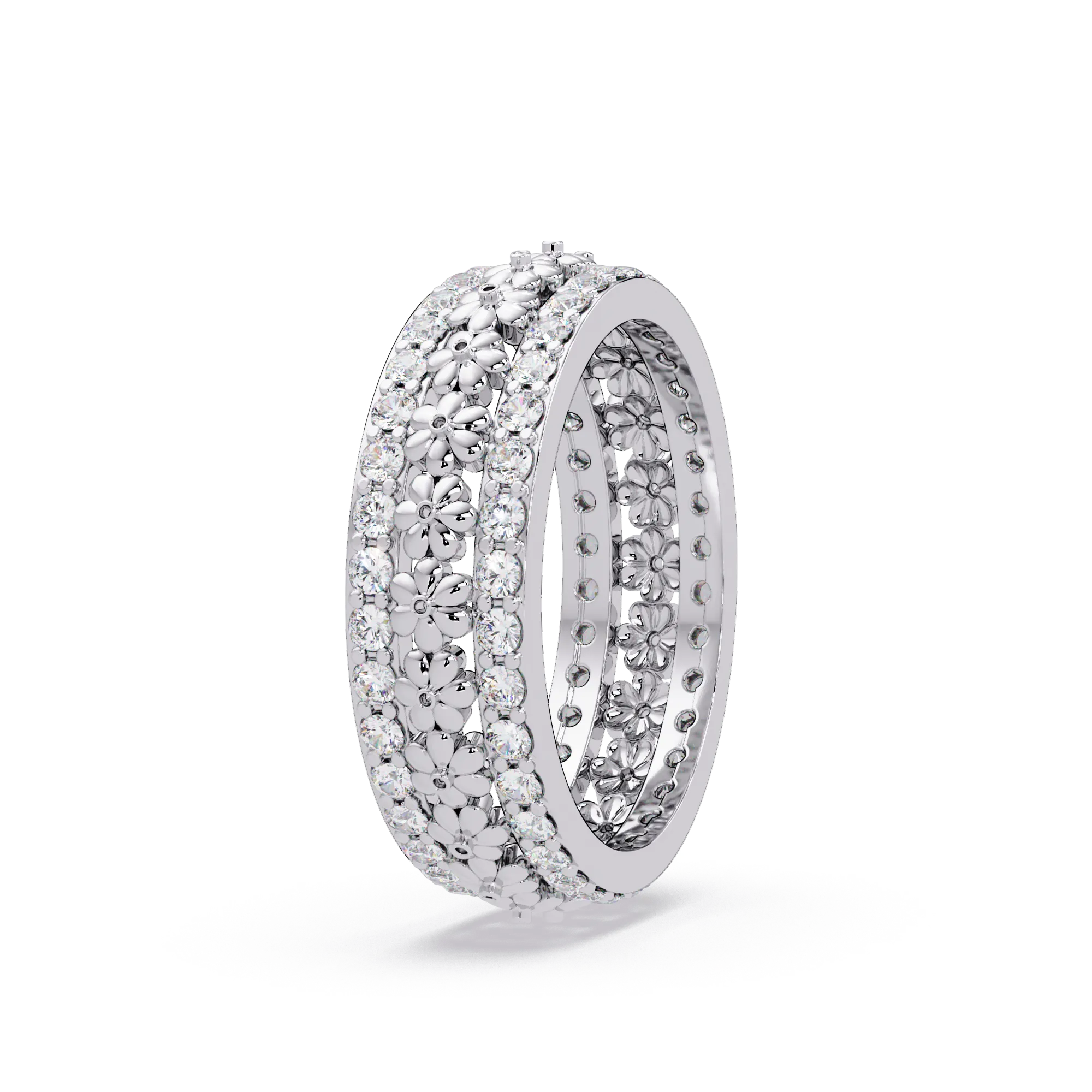 IGI Certified - 0.75 Ct. Lab Grown Diamond (VS/E-F) Floral Diamond Eternity Ring – Wide Flower Band with Double Row Pavé Stones Ring