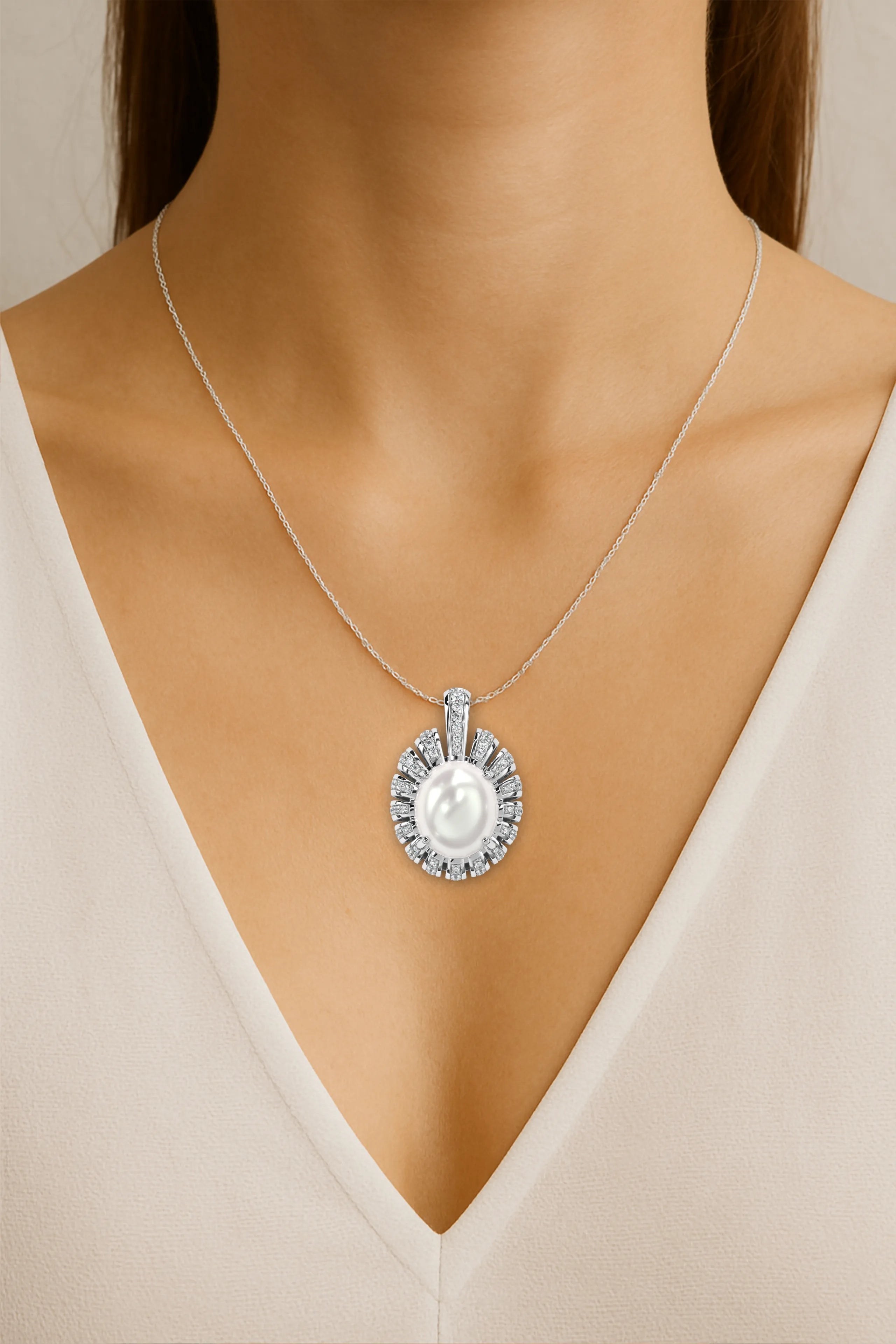 IGI Certified - 0.83 Ct. Lab Grown Diamond (VS/E-F) Illuminated Oval Pearl Necklace