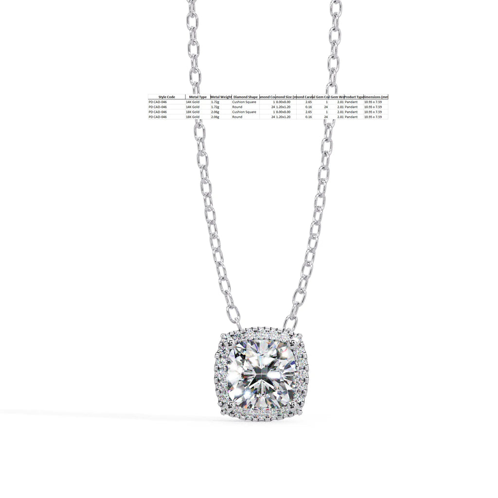IGI Certified - 2.81 Ct. Lab Grown Diamond (VS/E-F) Radiant Cushion Solitaire with Pavé Border Pendant