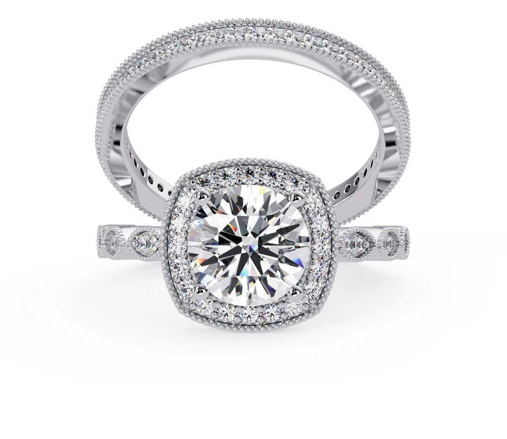 IGI Certified - 3 Ct. Lab Grown Diamond (VS/E-F) "The Verona Milgrain Halo Diamond Bridal Set" Ring