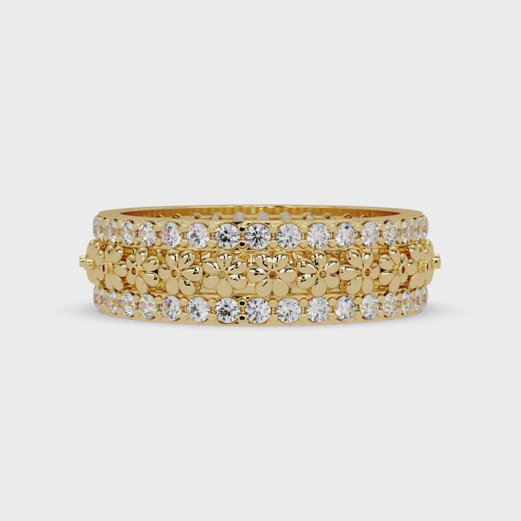 IGI Certified - 0.75 Ct. Lab Grown Diamond (VS/E-F) Floral Diamond Eternity Ring – Wide Flower Band with Double Row Pavé Stones Ring