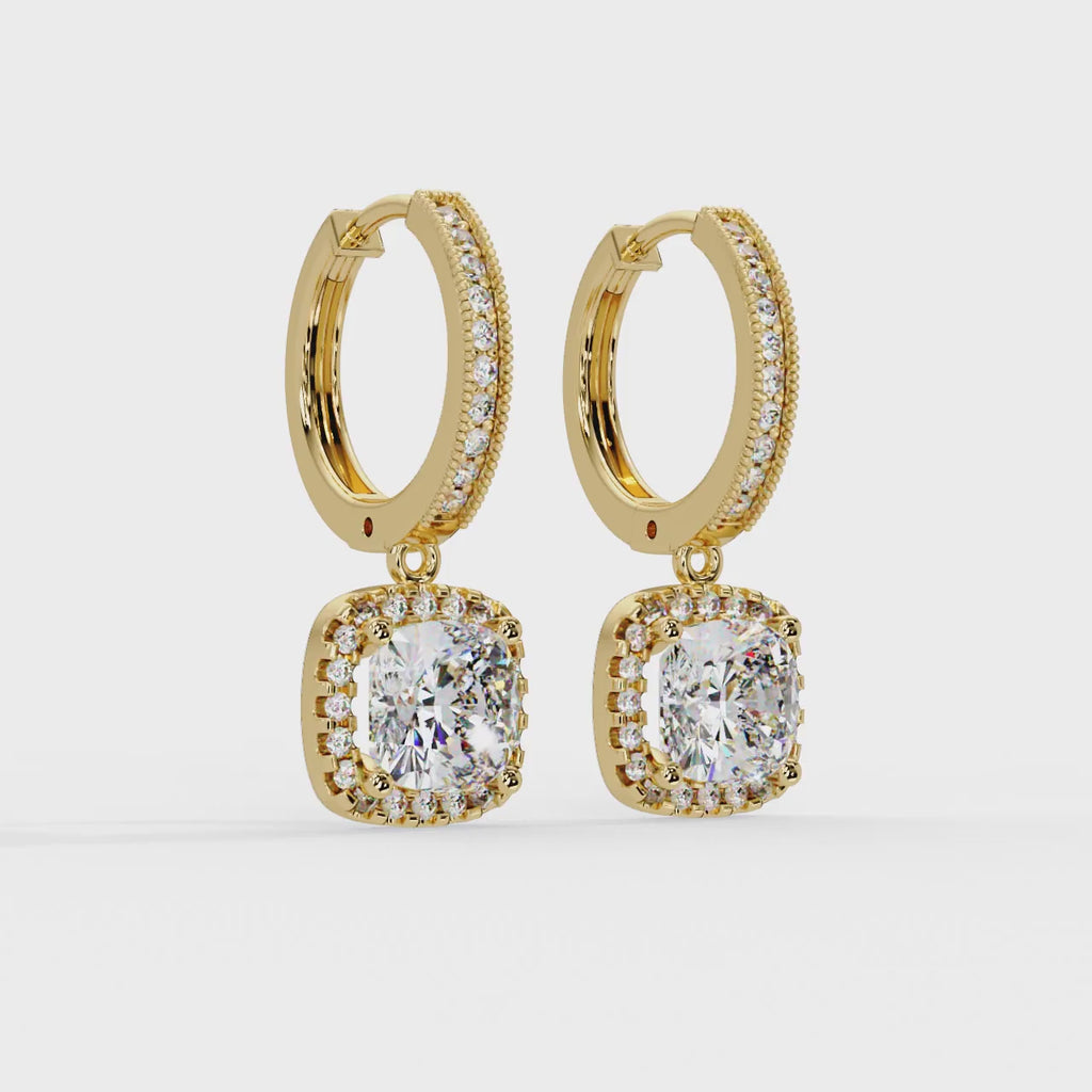 IGI Certified- 4 Ct. Lab Grown Diamond (VS/E-F) Dazzling Diamond Halo Cushion Drop Earrings