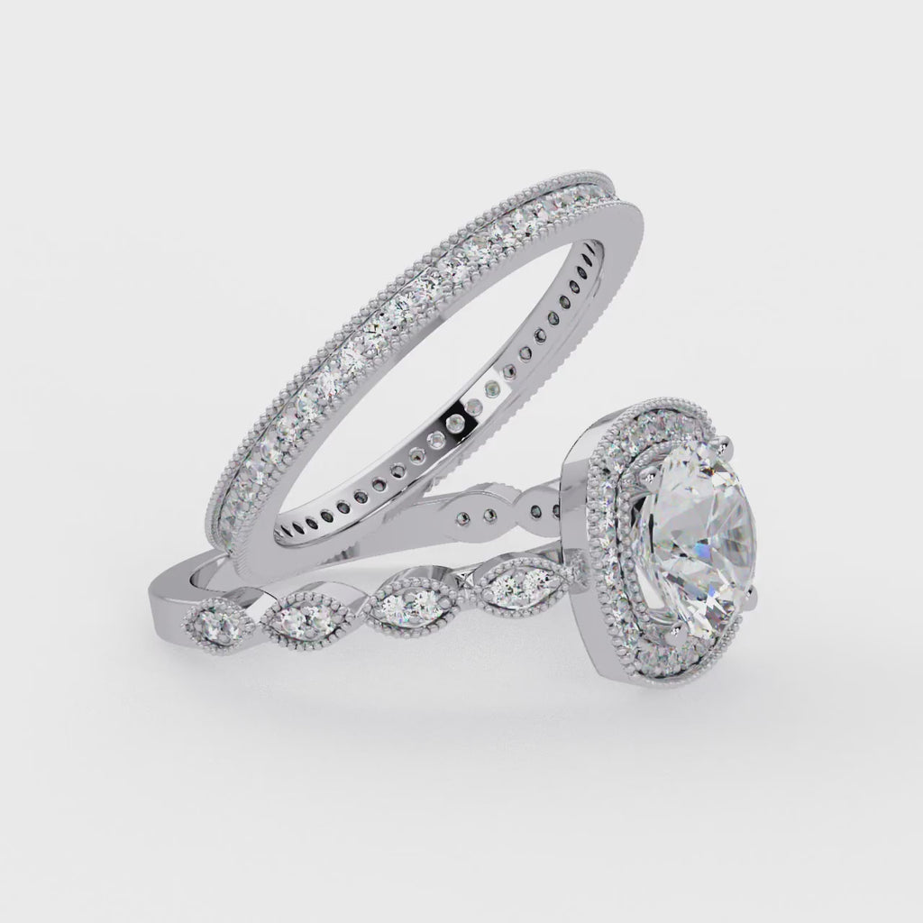 IGI Certified - 3 Ct. Lab Grown Diamond (VS/E-F) "The Verona Milgrain Halo Diamond Bridal Set" Ring