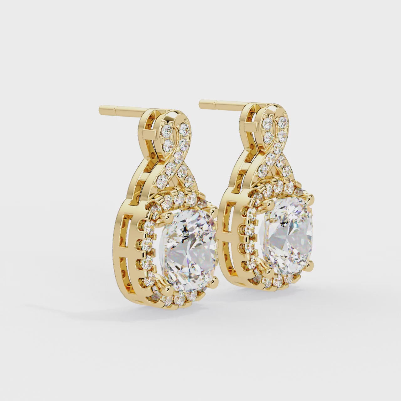 IGI Certified- 3 Ct. Lab Grown Diamond (VS/E-F) Cushion Cut Diamond Drop Earrings in Yellow Gold Earring
